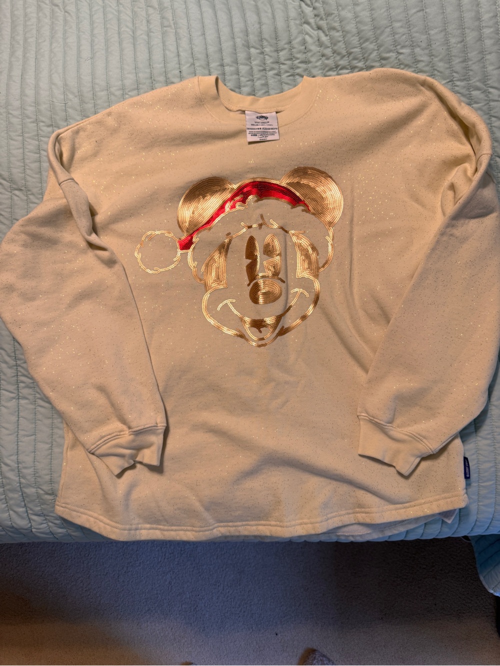 Disney Holiday Cream Pullover with Gold Sequin & Red Accent Mickey. NWOT